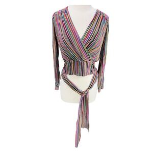 Maeve Anthropologie Rainbow Stripe Wrap Top Long Sleeve Smocked Tie Waist Size 4